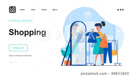 Shopping web concept. Woman chooses dress in front mirror. Customer makes purchases buying clothes. Template of people scene. Vector illustration with character activities in flat design for website 99651603