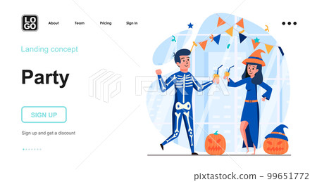Halloween party web concept. Man and woman in festive costumes. Couple celebrating holiday event. Template of people scene. Vector illustration with character activities in flat design for website Halloween party web concept. Man and woman in festive costumes. Couple celebrating holiday event. Template of people scene. Vector illustration with character activities in flat design for website 99651772