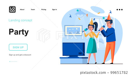 Party web concept. Man and woman celebrating holiday, singing in karaoke. Couple having fun at home. Template of people scene. Vector illustration with character activities in flat design for website 99651782