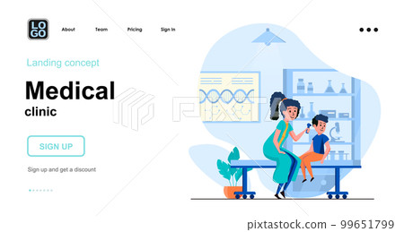 Medical clinic web concept. Pediatrician measures temperature of boy. Child patient visited doctor. Template of people scene. Vector illustration with character activities in flat design for website Medical clinic web concept. Pediatrician measures temperature of boy. Child patient visited doctor. Template of people scene. Vector illustration with character activities in flat design for website 99651799
