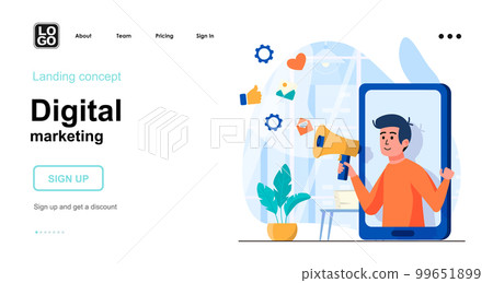 Digital marketing web concept. Man marketer attracting new customers, online business promotion. Template of people scene. Vector illustration with character activities in flat design for website 99651899