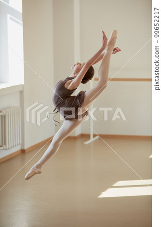 Tender graceful ballerina, teen girl training, dancing on pointe shoes. Model at ballet school on daytime with sunlight. Concept of classical ballet, art, choreography 99652217