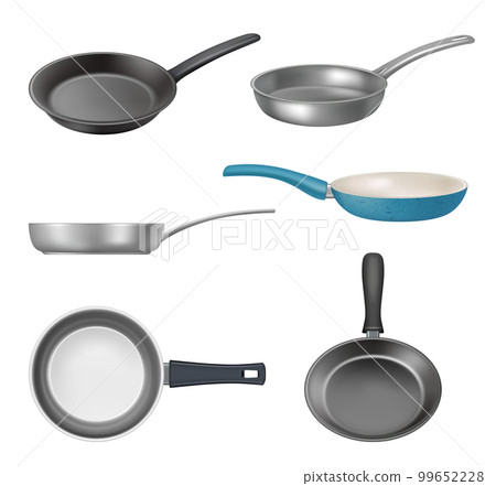Frying pan. Kitchen tools frying container decent vector realistic pan 99652228