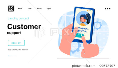 Customer support web concept. Client calls technical support. Hotline and helpdesk consultation. Template of people scene. Vector illustration with character activities in flat design for website 99652507