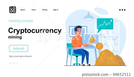 Cryptocurrency mining web concept. Man works in crypto business, earns bitcoins, increases income. Template of people scene. Vector illustration with character activities in flat design for website Cryptocurrency mining web concept. Man works in crypto business, earns bitcoins, increases income. Template of people scene. Vector illustration with character activities in flat design for website 99652511
