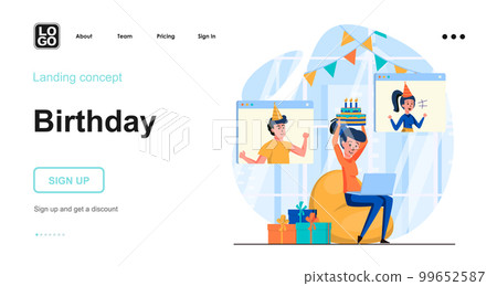 Online birthday party web concept. Woman celebrating holiday with friends via video conference. Template of people scene. Vector illustration with character activities in flat design for website 99652587
