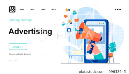 Advertising web concept. Attracting new customers, promoting in social networks at mobile apps. Template of people scenes. Vector illustration with character activities in flat design for website 99652645