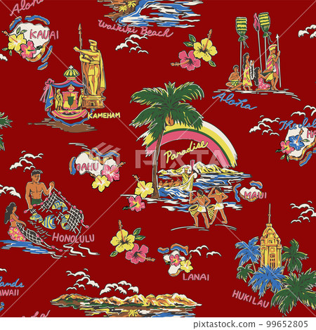 描繪夏威夷風光的複古 Aloha 圖案， 99652805