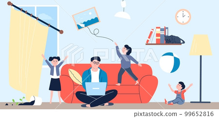 Working at home dad and kids playing around him. Busy father works, children running, jumping and throw the ball up. Family life recent vector scene 99652816