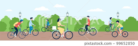 People bicycle riding in city park. Summer outdoor activity, eco transport for man woman and kids. Drive bike, sport and hobby riders recent vector scene People bicycle riding in city park. Summer outdoor activity, eco transport for man woman and kids. Drive bike, sport and hobby riders recent vector scene 99652850