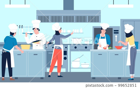 Restaurant professional cooking kitchen, commercial chef and team cook diverse food. Hotel industry, cafe or bar workers in uniform, service recent vector scene Restaurant professional cooking kitchen, commercial chef and team cook diverse food. Hotel industry, cafe or bar workers in uniform, service recent vector scene 99652851