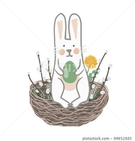 Cute Easter bunny holding egg in his paws and sitting in a nest decorated with pussy willow branches. Vector illustration isolated on white Cute Easter bunny holding egg in his paws and sitting in a nest decorated with pussy willow branches. Vector illustration isolated on white 99652885