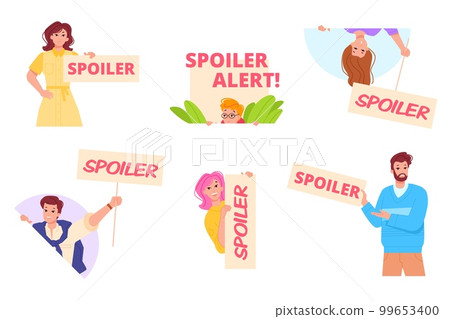 Spoiler. Funny people with signs spoilers alert, caution attention sign movie final details revealed on tv teaser, nerd woman and man beware content banner flat vector illustration 99653400