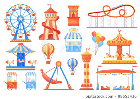 Fairground attractions. Carnival carousel and adult attraction on festival amusement park, fantasy swing rollercoaster playground wheel cartoon roundabout, neat vector illustration Fairground attractions. Carnival carousel and adult attraction on festival amusement park, fantasy swing rollercoaster playground wheel cartoon roundabout, neat vector illustration 99653436