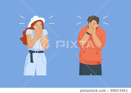 People keep secret. Couple hand shutting their mouth, be quiet concept lady keeping silent, shy calm friends not rumor talk 99653461