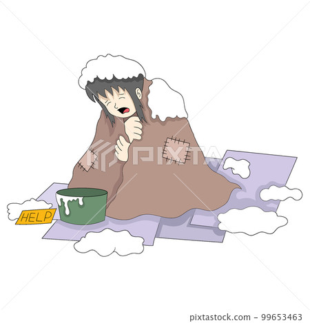 poor homeless girl is on the side of the road asking for help in winter 99653463