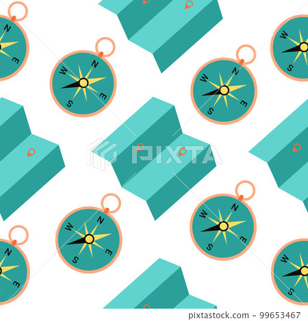 Seamless pattern of a compass icon and a traveler s map. Illustration in a flat minimalist style. Seamless pattern of a compass icon and a traveler s map. Illustration in a flat minimalist style. 99653467