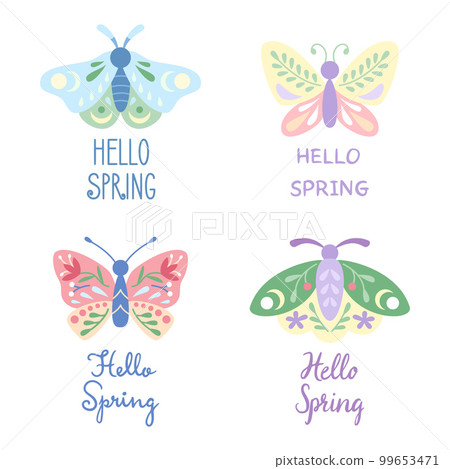 Set of moths and butterflies in spring colours doodle flat style. Hello spring lettering. Vector illustration Set of moths and butterflies in spring colours doodle flat style. Hello spring lettering. Vector illustration 99653471