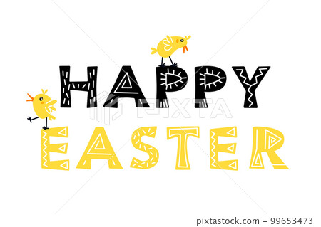 Happy easter lettering boho scandi style with cute chicks. Vector illustration Happy easter lettering boho scandi style with cute chicks. Vector illustration 99653473