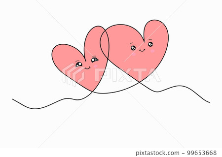 Continuous drawing of two hearts and the inscription love. A couple of hearts. Fashion minimalist illustration. Single line abstract drawing. Continuous drawing of two hearts and the inscription love. A couple of hearts. Fashion minimalist illustration. Single line abstract drawing. 99653668