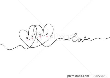 Continuous drawing of two hearts and the inscription love. A couple of hearts. Fashion minimalist illustration. Single line abstract drawing. Continuous drawing of two hearts and the inscription love. A couple of hearts. Fashion minimalist illustration. Single line abstract drawing. 99653669
