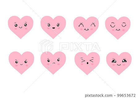 Kawaii hearts, a set of cute emoji icons. Hand-drawn emotional cartoon characters. Cute love characters with different faces, funny positive emotions. 99653672