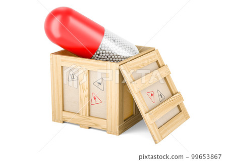 Medicament capsule inside wooden box, delivery concept. 3D rendering Medicament capsule inside wooden box, delivery concept. 3D rendering 99653867