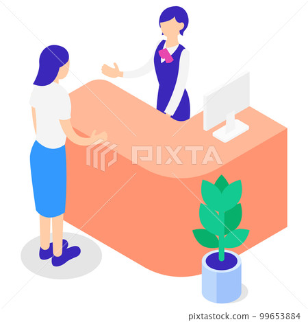 接待櫃檯和女顧客的等軸圖 99653884