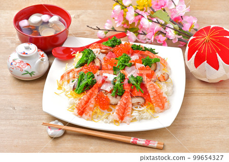 Hinamatsuri, chirashizushi and clam soup. Celebration, chirashi sushi, seafood chirashi sushi. Hinamatsuri, chirashizushi and clam soup. Celebration, chirashi sushi, seafood chirashi sushi. 99654327
