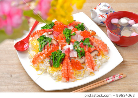 Hinamatsuri, chirashizushi and clam soup. Celebration, chirashi sushi, seafood chirashi sushi. 99654368