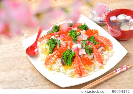 Hinamatsuri, chirashizushi and clam soup. Celebration, chirashi sushi, seafood chirashi sushi. Hinamatsuri, chirashizushi and clam soup. Celebration, chirashi sushi, seafood chirashi sushi. 99654372