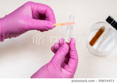 hands holding test tube and pink litmus paper 99654453