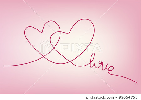 Continuous drawing of a pair of hearts and the inscription love. Fashionable minimalist illustration. Drawing in one line Continuous drawing of a pair of hearts and the inscription love. Fashionable minimalist illustration. Drawing in one line 99654755