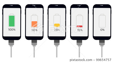 Set of smartphones with battery level indicator and USB connection. Vector infographic. 99654757