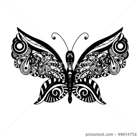 Decorative element in the form of a butterfly in the style of a zentangle style. Template for the design of postcards, T-shirts, posters, tattoos, henna drawings. 99654758