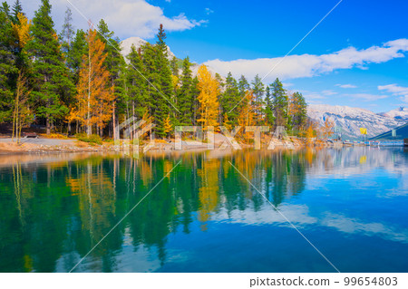 Mountain landscape at the day time. Lake and forest in a mountain valley. Natural landscape Mountain landscape at the day time. Lake and forest in a mountain valley. Natural landscape 99654803