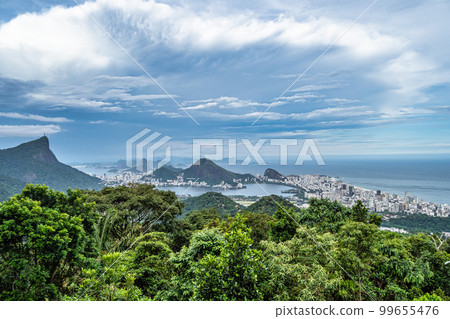 View from Vista Chinesa of Guanabara Bay, Christ Redeemer and Sugarloaf mountain in Rio de Janeiro, Brazil 99655476