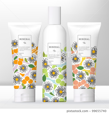 Vector Beauty or Skincare Transparent Cream, Shampoo, Gel or Cream Bottle and Tube Bundle with Floral Pattern Print. Vector Beauty or Skincare Transparent Cream, Shampoo, Gel or Cream Bottle and Tube Bundle with Floral Pattern Print. 99655740