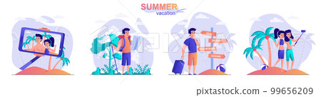 Summer vacation concept scenes set. Couple taking selfie on beach, traveler with backpack, friends relaxing on sea. Collection of people activities. Vector illustration of characters in flat design 99656209