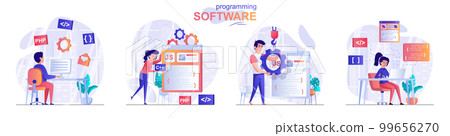 Programming software concept scenes set. Developers create software, different programming languages, test product. Collection of people activities. Vector illustration of characters in flat design 99656270