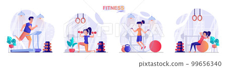Fitness concept scenes set. Man running on treadmill, woman doing exercises with dumbbells or ball, conducts workout. Collection of people activities. Vector illustration of characters in flat design 99656340
