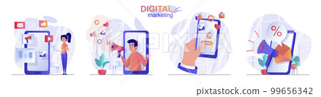 Digital marketing concept scenes set. Social media promotion, customer attracting, online advertising campaign. Collection of people activities. Vector illustration of characters in flat design Digital marketing concept scenes set. Social media promotion, customer attracting, online advertising campaign. Collection of people activities. Vector illustration of characters in flat design 99656342