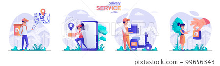 Delivery service concept scenes set. Courier delivers order to home, application for online tracking of parcel. Collection of people activities. Vector illustration of characters in flat design Delivery service concept scenes set. Courier delivers order to home, application for online tracking of parcel. Collection of people activities. Vector illustration of characters in flat design 99656343