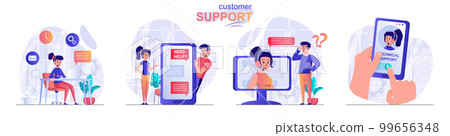 Customer support concept scenes set. Operator accepts calls, tech support helps users, chat with online consultant. Collection of people activities. Vector illustration of characters in flat design Customer support concept scenes set. Operator accepts calls, tech support helps users, chat with online consultant. Collection of people activities. Vector illustration of characters in flat design 99656348