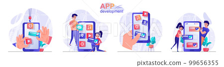 App development concept scenes set. Developers create mobile application, arrange interface buttons, create UI design. Collection of people activities. Vector illustration of characters in flat design 99656355