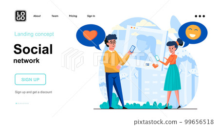 Social network web concept. Couple chatting online, posting photo on Internet, collecting likes. Template of people scenes. Vector illustration with character activities in flat design for website Social network web concept. Couple chatting online, posting photo on Internet, collecting likes. Template of people scenes. Vector illustration with character activities in flat design for website 99656518