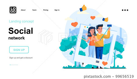 Social network web concept. Couple takes selfie, posting photo on Internet, collects likes feedback. Template of people scenes. Vector illustration with character activities in flat design for website 99656519