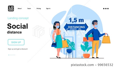 Social distance web concept. People in medical masks distancing, coronavirus epidemic prevention. Template of human scenes. Vector illustration with character activities in flat design for website 99656532