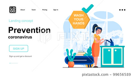 Prevention coronavirus web concept. Woman washing her hands with soap, simple hygiene procedures. Template of people scenes. Vector illustration with character activities in flat design for website Prevention coronavirus web concept. Woman washing her hands with soap, simple hygiene procedures. Template of people scenes. Vector illustration with character activities in flat design for website 99656589