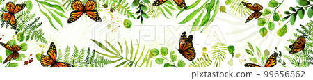 Green watercolor plants and butterflies. Horizontal banner. Vector illustration Green watercolor plants and butterflies. Horizontal banner. Vector illustration 99656862